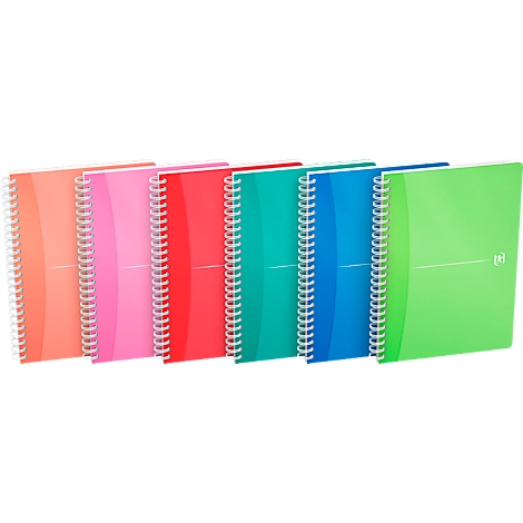 Een rij spiraalgebonden notitieboekjes in verschillende kleuren: oranje, roze, rood, turquoise, blauw en groen.