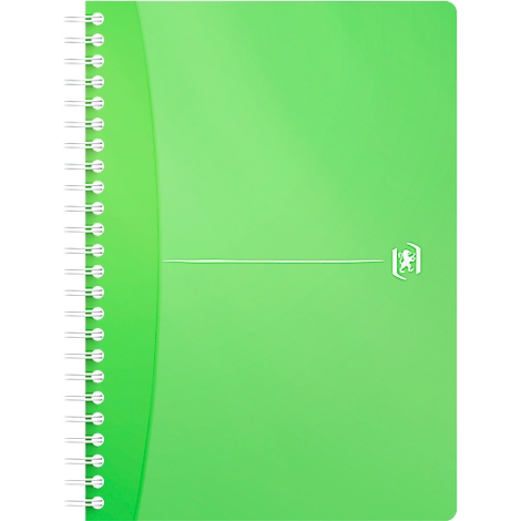 Lichtgroen notitieboek met witte spiraalbinding. Op de voorkant een wit logo en horizontale lijn.