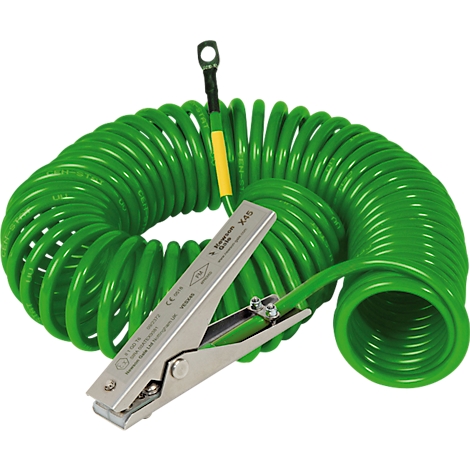 Green spiral cable with crocodile clip and eyelet, shown in detail.
