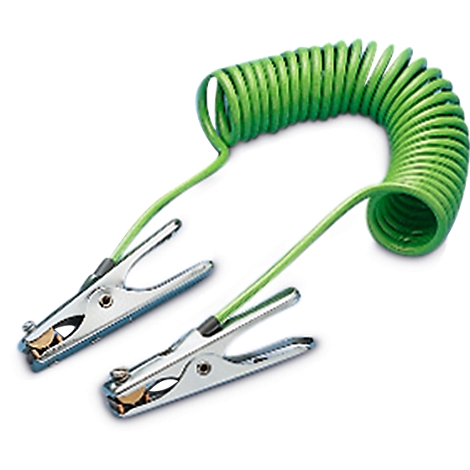 Two alligator clips with a green coiled cable.
