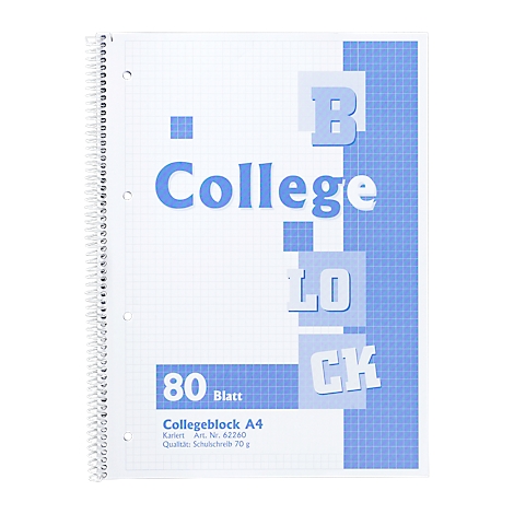 A spiral-bound college block with a blue pattern and the words "College Block".