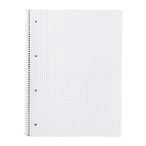 Squared notebook with spiral binding, perforated for filing.