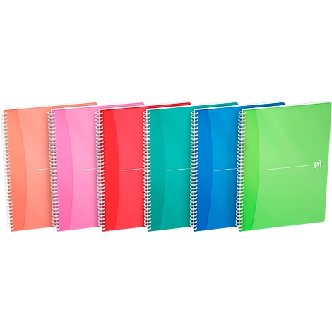 Reihe von Notizbüchern in verschiedenen Farben, mit Spiralbindung.