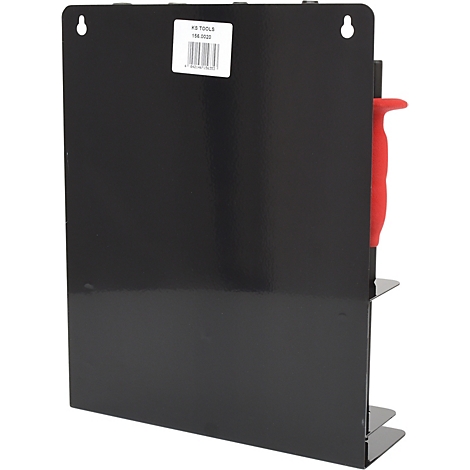 Schwarze Werkzeugwand mit rotem Griff. Aufkleber mit KS TOOLS Logo.