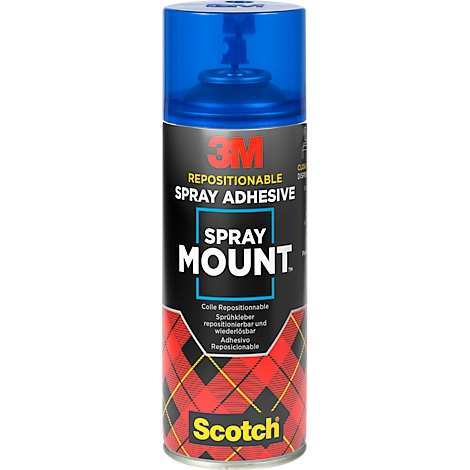 Spray adhesive can with blue cap, white text and red-yellow plaid pattern.