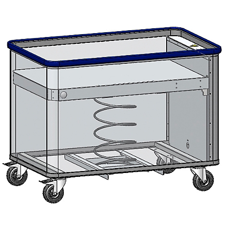Transparent transport cart with blue edge and metal construction. Inside a spiral spring and a shelf.