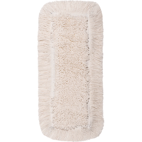 Rectangular, cream-colored mop pad with fringes on the edges.