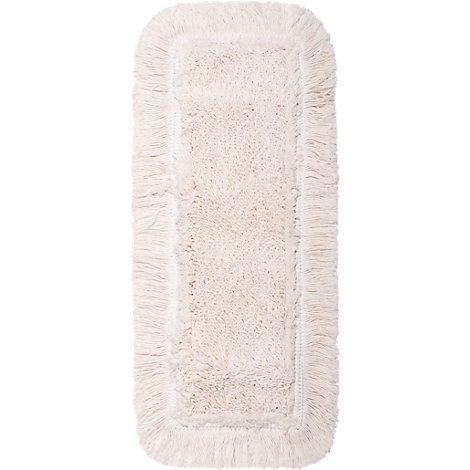 Beige bath rug with fringes around the edges.