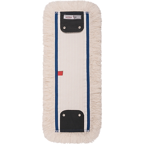 A rectangular mop head. It consists of creamy, fringed fabric surrounding an interior of ribbed material. Blue stripes run along the sides. Black fixings.