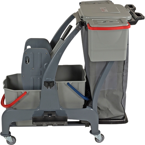 Grey cleaning cart with buckets, mop holder, and trash bag. Red and blue accents.