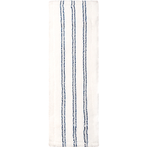 White kitchen towel with three vertical, blue stripes.