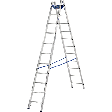 Aluminium-Doppelleiter, die sich in V-Form aufstellt. Zwei blaue Streben stabilisieren die Leiter.