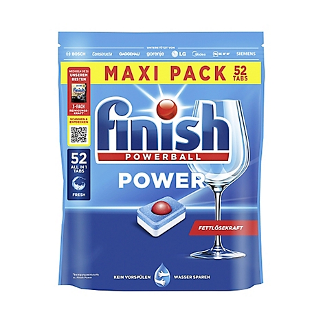 Eine Packung Finish Powerball Geschirrspültabs, blau-weiß mit rotem Akzent. Aufschrift: Maxi Pack 52 Tabs.