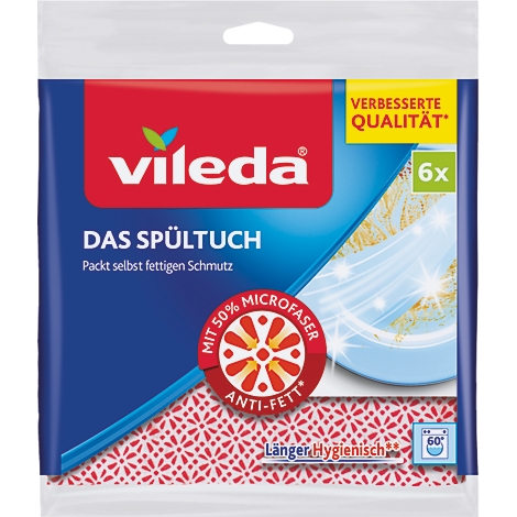 Verpackung von Vileda Spültüchern. Rotes Logo auf blauem Hintergrund mit Text: Das Spültuch, packt selbst fettigen Schmutz. Zusatzhinweis: Verbesserte Qualität.