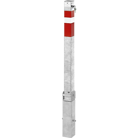 A silver bollard with red and white stripes. It is fixed in a gray foundation.