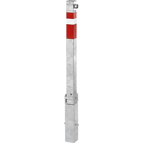 A rectangular, silver bollard with red and white markings.