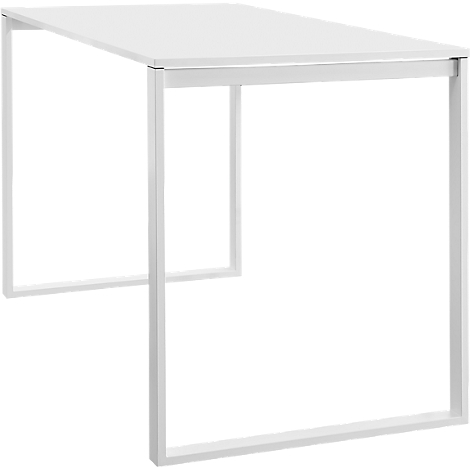 White table with rectangular tabletop and angular metal frame.