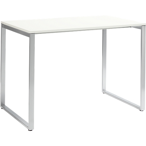 A white desk with silver metal legs forming a rectangular frame.