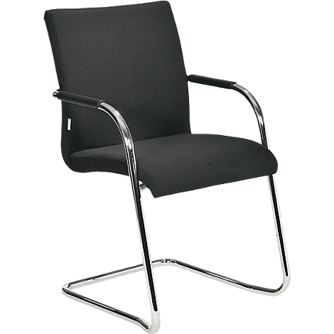 Black cantilever chair with armrests and chrome frame, detail shot.
