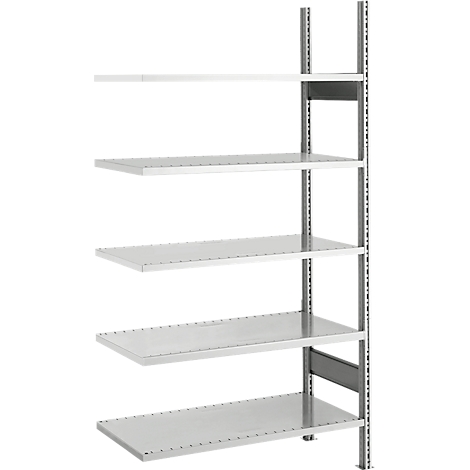 Een zilveren metalen stellingkast met vijf planken tegen een witte achtergrond.