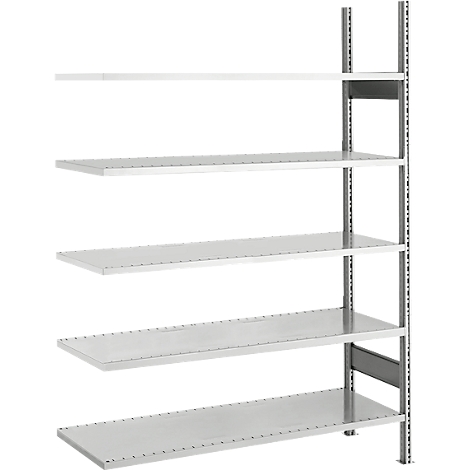 Een zilverkleurige metalen stellingkast met vijf planken tegen een witte achtergrond.