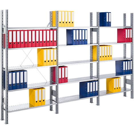 Metal shelving unit filled with folders in red, yellow, and blue. The folders are sorted by color.