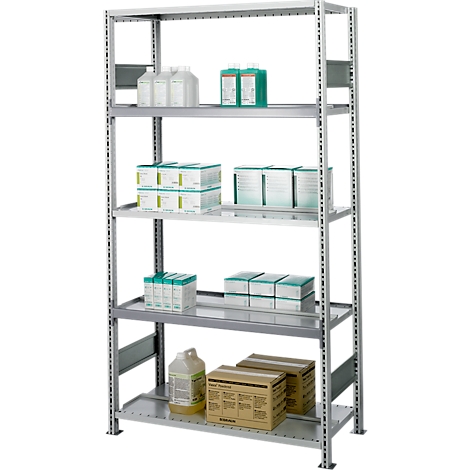 Gray shelving unit with multiple levels, filled with bottles and boxes. Various products are visible on the shelves.