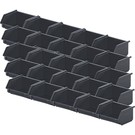 Bac de rangement en plastique sombre, à face ouverte, disposés en rangées. Chaque bac a un devant incliné pour un accès facile.