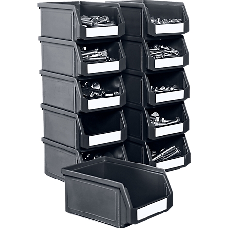 Bac en plastique gris remplis de vis et d'outils. Chaque boîte a une étiquette blanche.