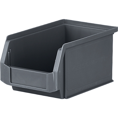 Boîte en plastique grise avec bord haut et logo de l'entreprise.