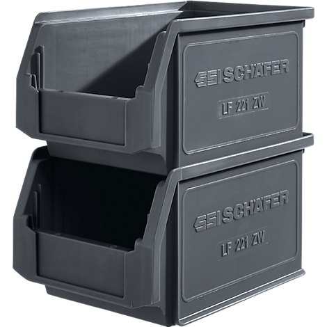 Deux bacs de stockage en plastique gris, empilés l'un sur l'autre. Inscription : SCHÄFER LF 221 ZW.