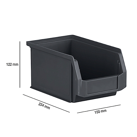 Bac de stockage en plastique gris foncé avec dimensions. 122 mm de haut, 234 mm de large, 150 mm de profondeur.