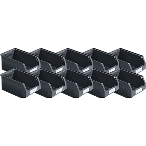 Disposition de dix bacs en plastique sombres et rectangulaires. Chaque bac a une face avant inclinée avec une étiquette blanche et un bord supérieur ouvert.
