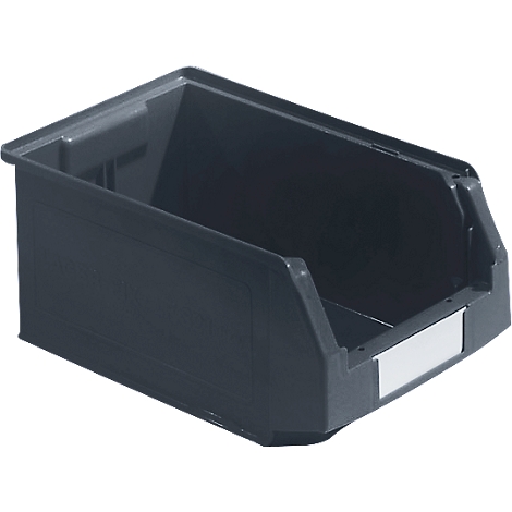 Bac de rangement en plastique noir avec une étiquette blanche, pour le stockage de petites pièces.