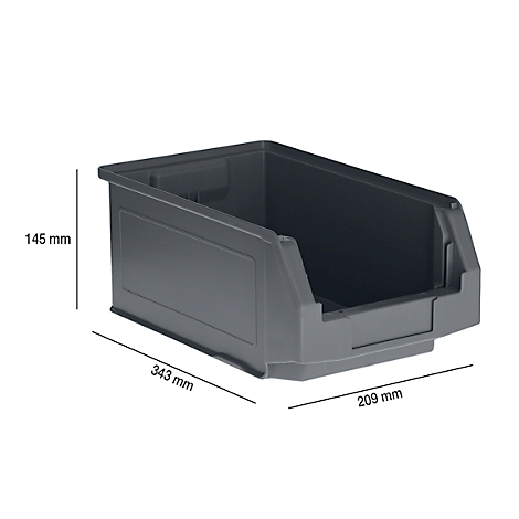 Bac de rangement en plastique gris foncé, dimensions 343 x 209 x 145 mm.