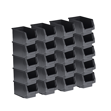 Des bacs de rangement en plastique gris empilés. Le dessus est ouvert, l'avant incliné pour révéler le contenu.