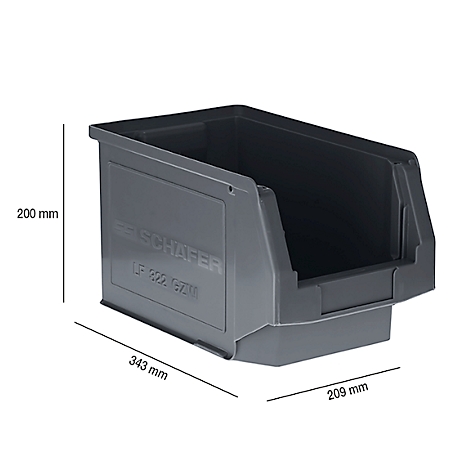 Boîte en plastique grise, dimensions 343 x 209 x 200 mm. 'FE SCHAFER, LF 822 GZW' est écrit sur le côté.