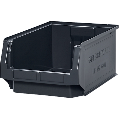 Bac en plastique gris foncé avec un devant incliné. L'inscription "GESCHWÄRMER" est visible sur le côté.