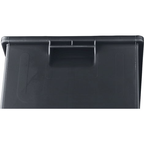 Boîte en plastique gris foncé avec poignée. Bord supérieur, rectangulaire, ombragé.