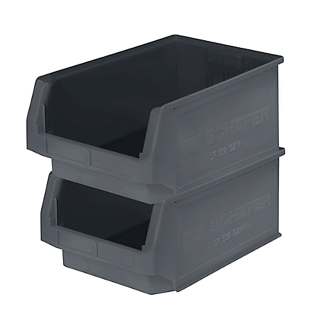 Deux bacs en plastique gris foncé empilés l'un sur l'autre. Le bac supérieur est à moitié visible, le bac inférieur presque entièrement.