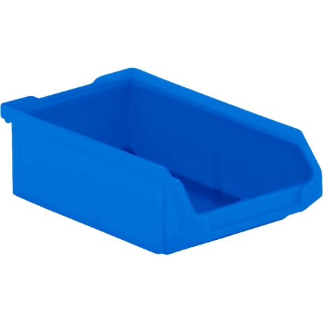 Boîte de rangement bleue avec ouverture inclinée.