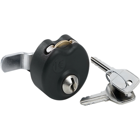 Black cabinet lock with two keys. Detailed shot.
