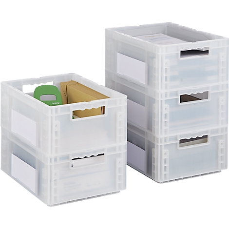 Zwei stapelbare, transparente Kunststoffboxen. Eine Box ist halb gefüllt, die andere mit Papier gefüllt. Beide haben weiße Etiketten.