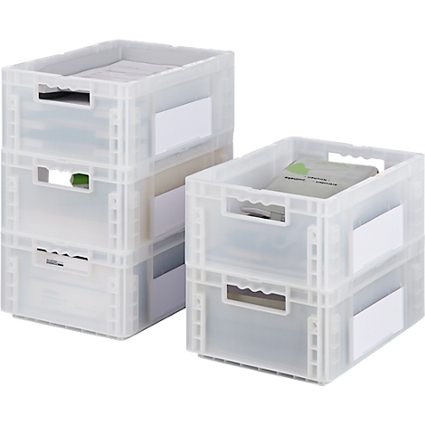 Zwei transparente, stapelbare Kunststoffboxen, gefüllt mit Papier und Büchern.