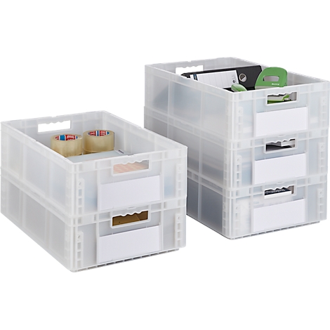 Twee transparante plastic dozen met handgrepen. Rolletjes tape in de ene doos, ordners in de andere.