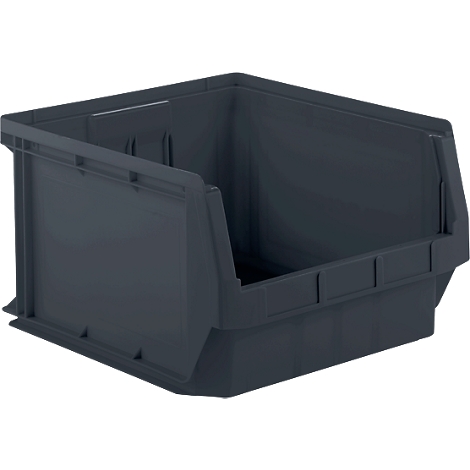 Dark gray plastic bin with sloping front, empty.