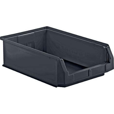 Caja de plástico gris con frente inclinado, asa lateral y forma rectangular.