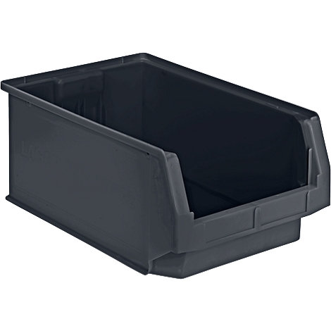 Contenedor de plástico negro con frente inclinado, en detalle. Ideal para organizar piezas pequeñas.