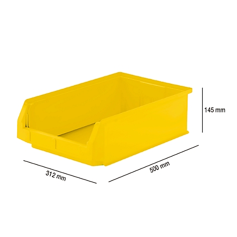Yellow plastic storage box with dimensions 500 x 312 x 145 mm, on a white background.