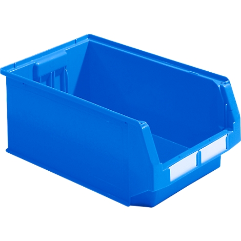 Blue, rectangular storage bin with white label holders.